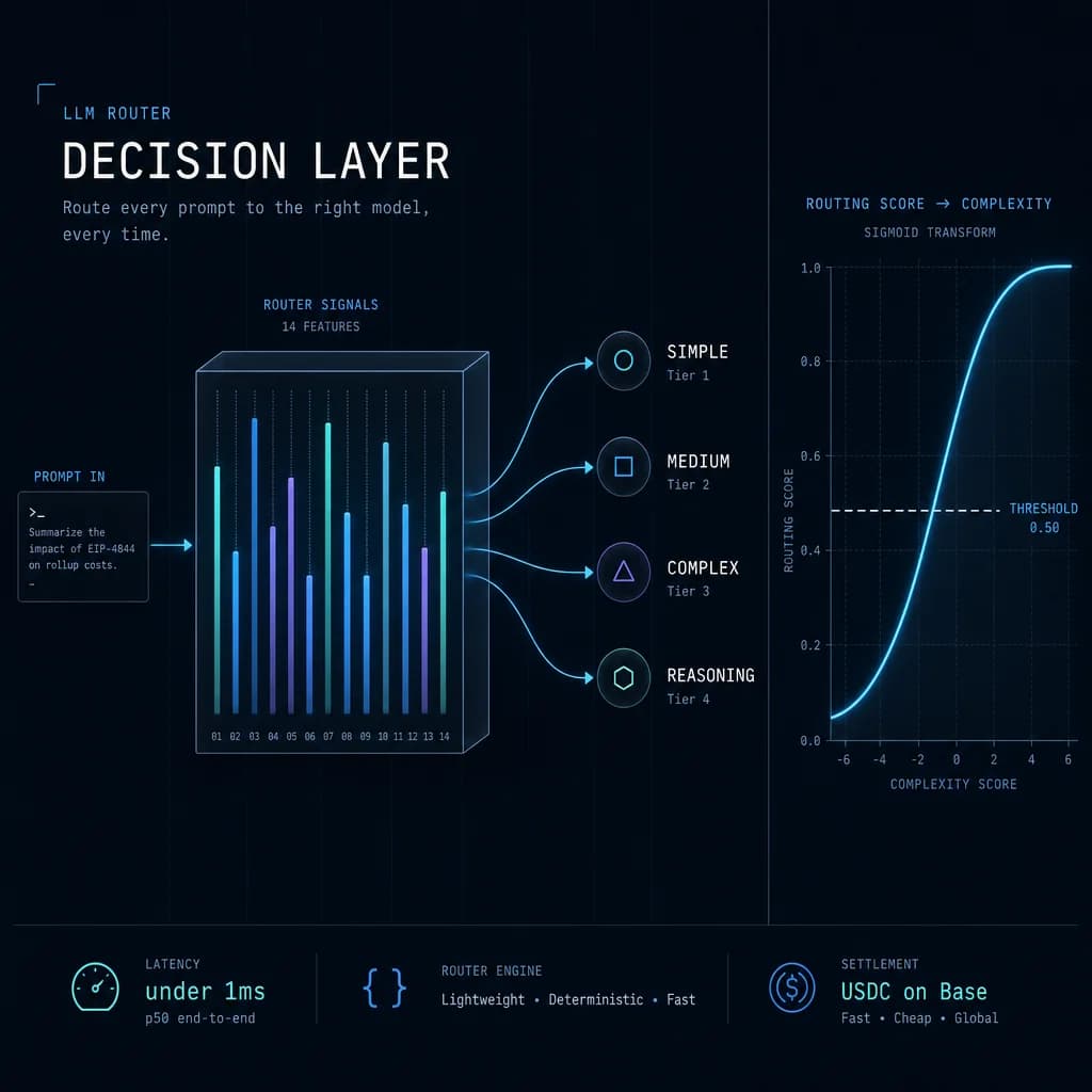 ClawRouter decision layer — 15-dimension scoring, tier classification, quality-first fallbacks