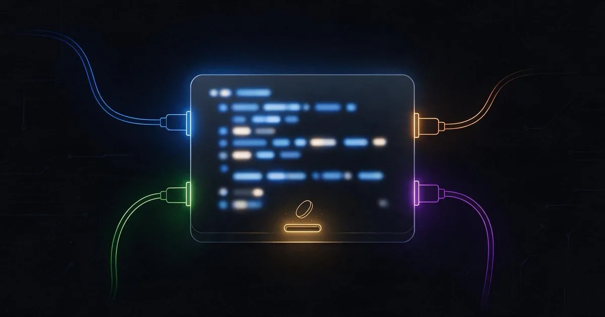 Illustration of a small set of sockets plugging capabilities into a terminal-based coding agent
